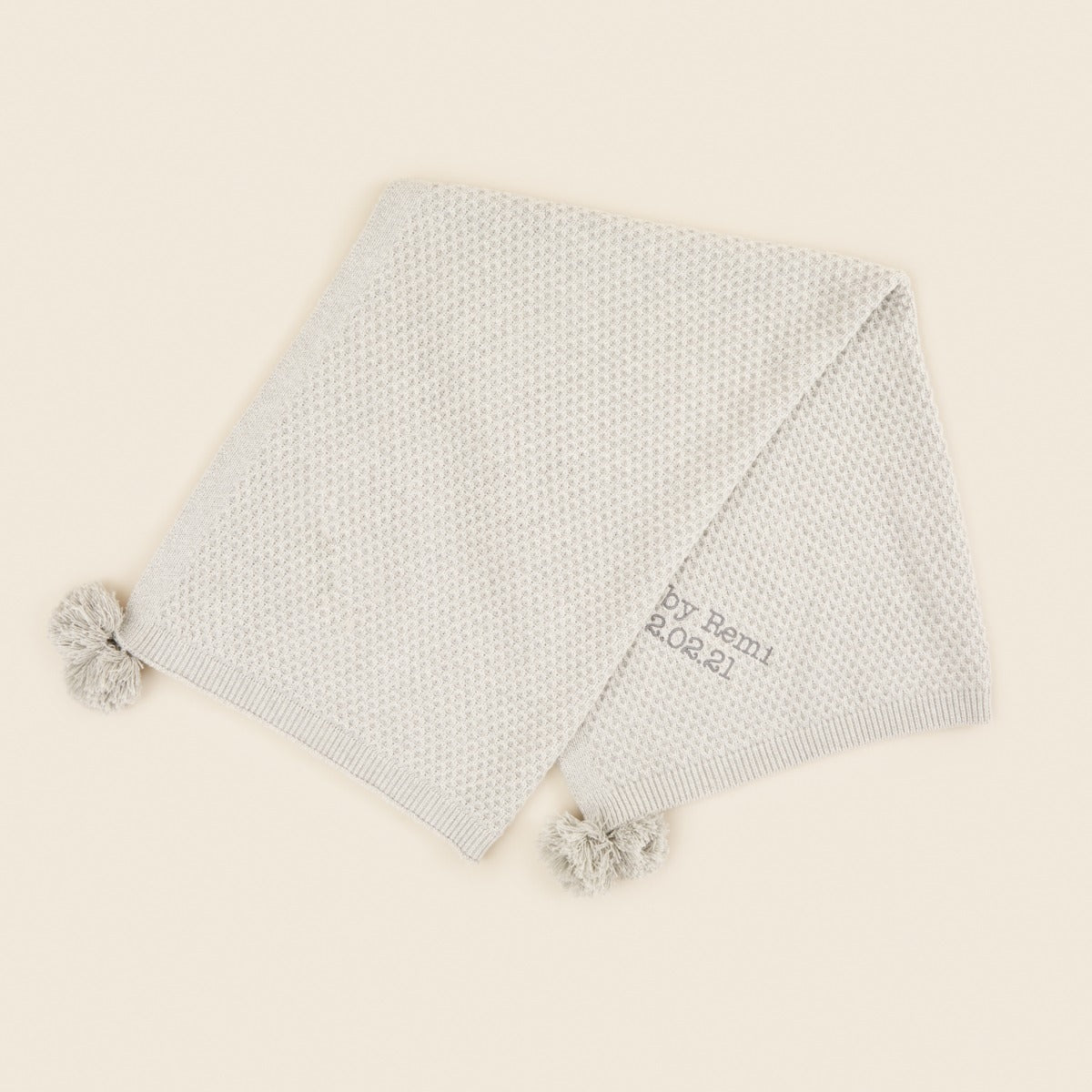 Personalised Grey Cashmere Blend Baby Blanket with Pom Poms