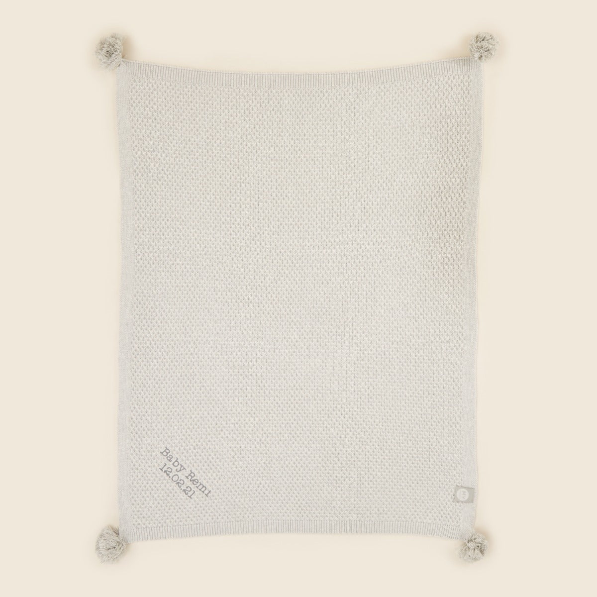 Personalised Grey Cashmere Blend Baby Blanket with Pom Poms