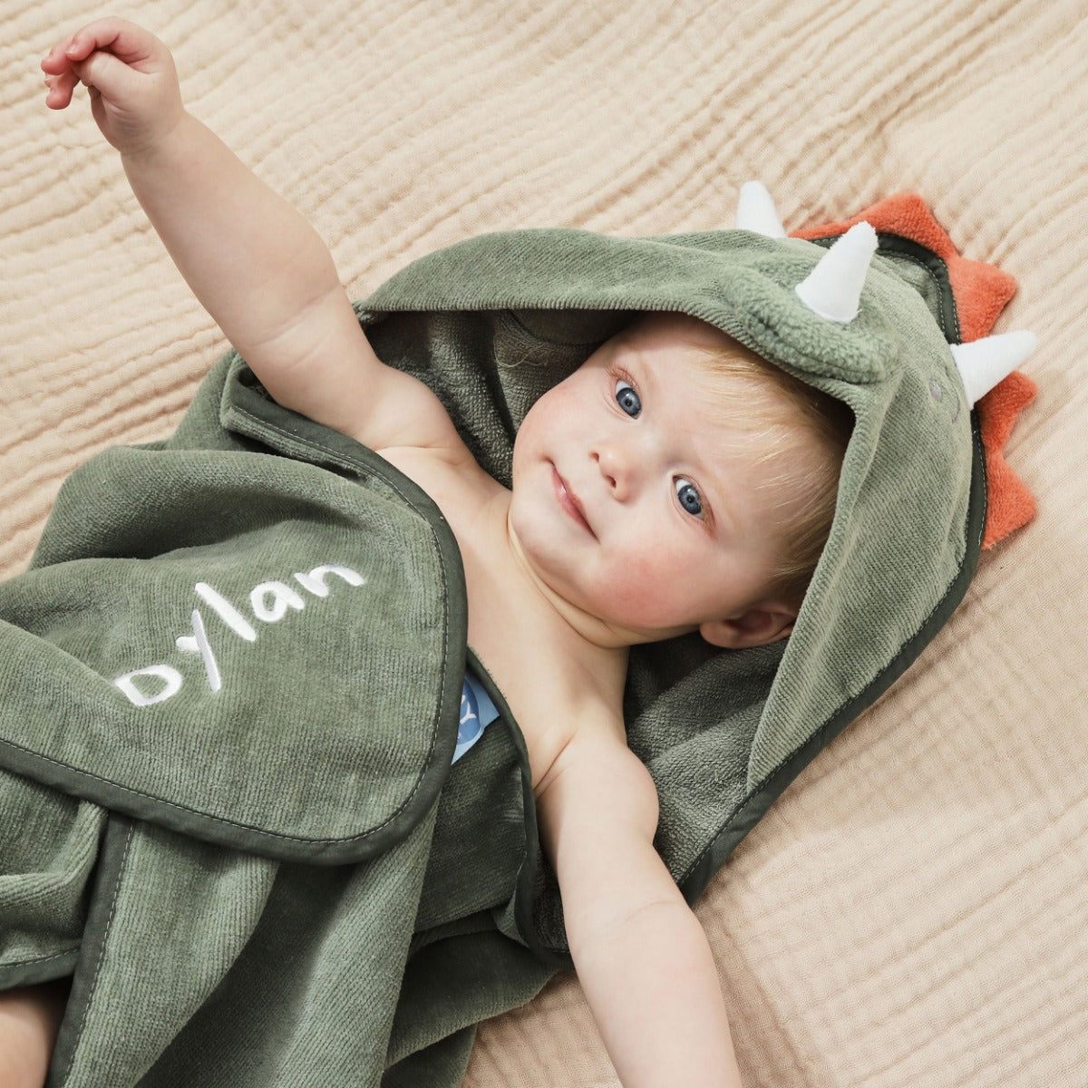 Personalised Green Dinosaur Hooded Towel 