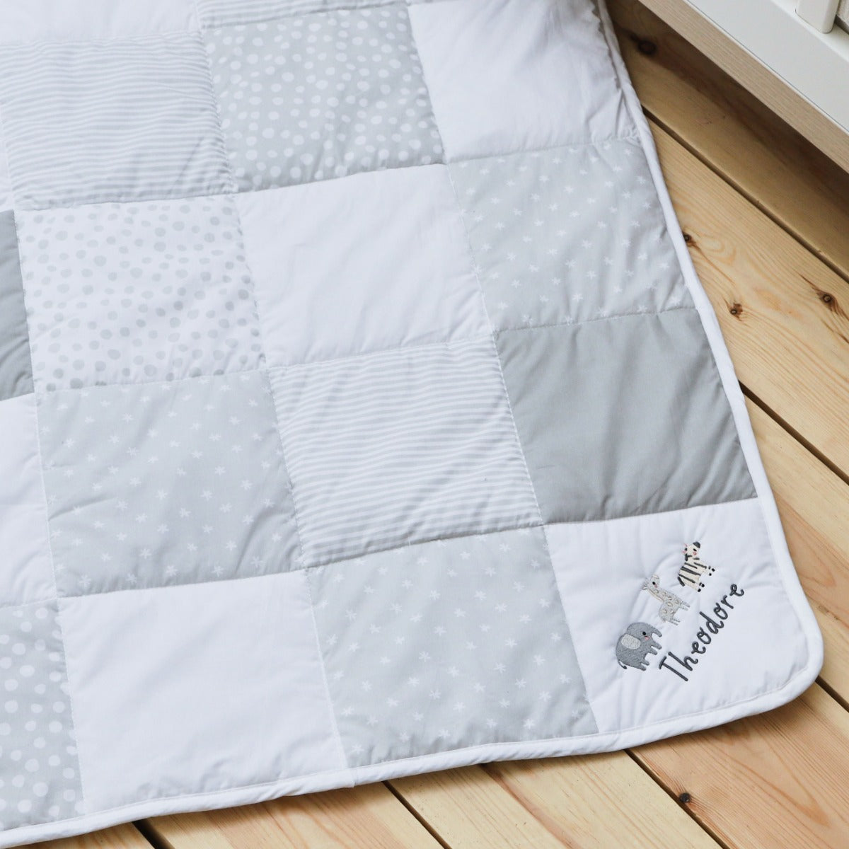 Personalised Welcome to the World Grey Patchwork Blanket