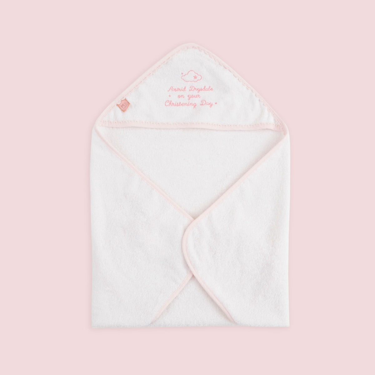 Personalised Pink Christening Picot Trim Hooded Towel