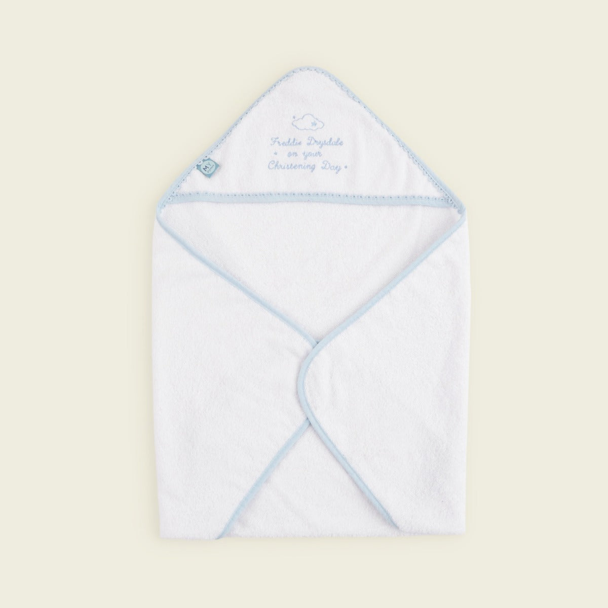 Personalised Blue Christening Picot Trim Hooded Towel
