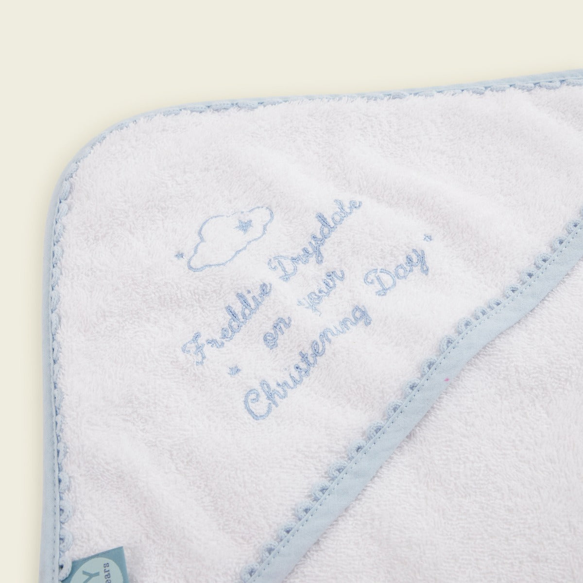 Personalised Blue Christening Picot Trim Hooded Towel