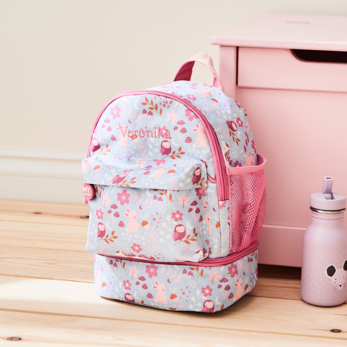Personalised Pink and Blue Forest Mini Backpack with Compartment