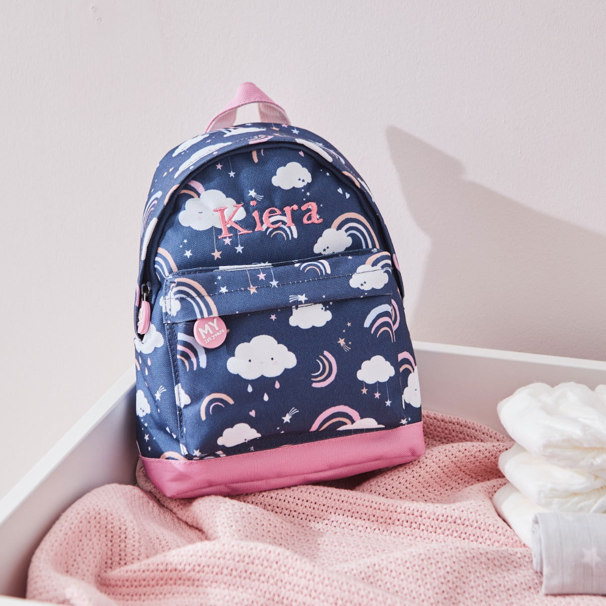 Personalised Blue Rainbow Print Classic Mini Backpack