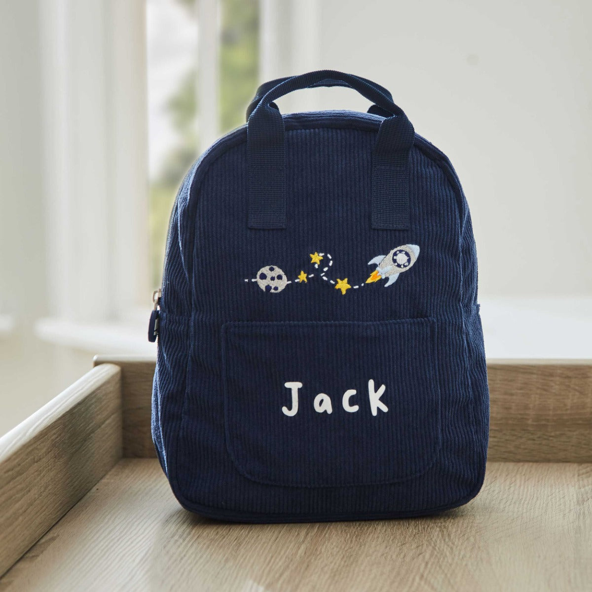 Personalised Rocket Mini Navy Cord Backpack