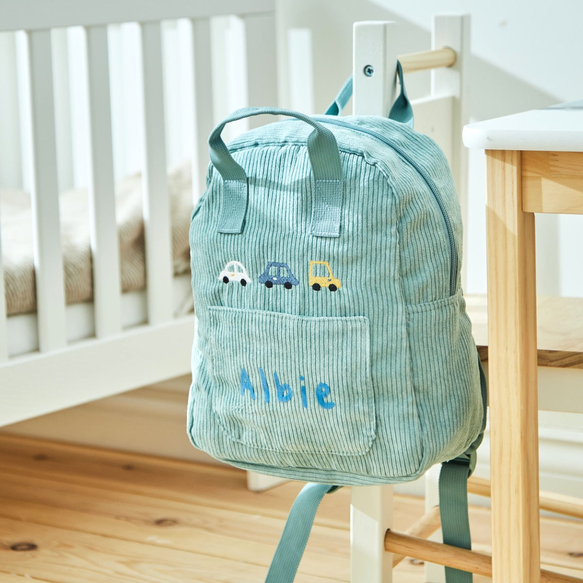 Personalised Transport Sage Mini Cord Backpack 