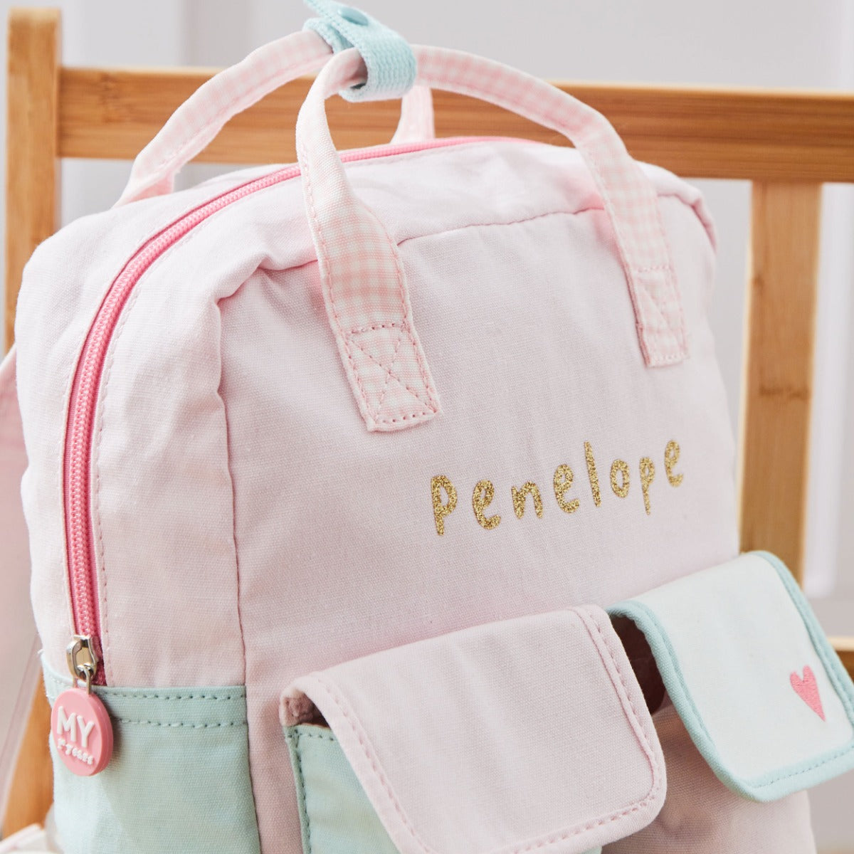 Personalised Double Pocket Colour Block Mini Backpack in Pink