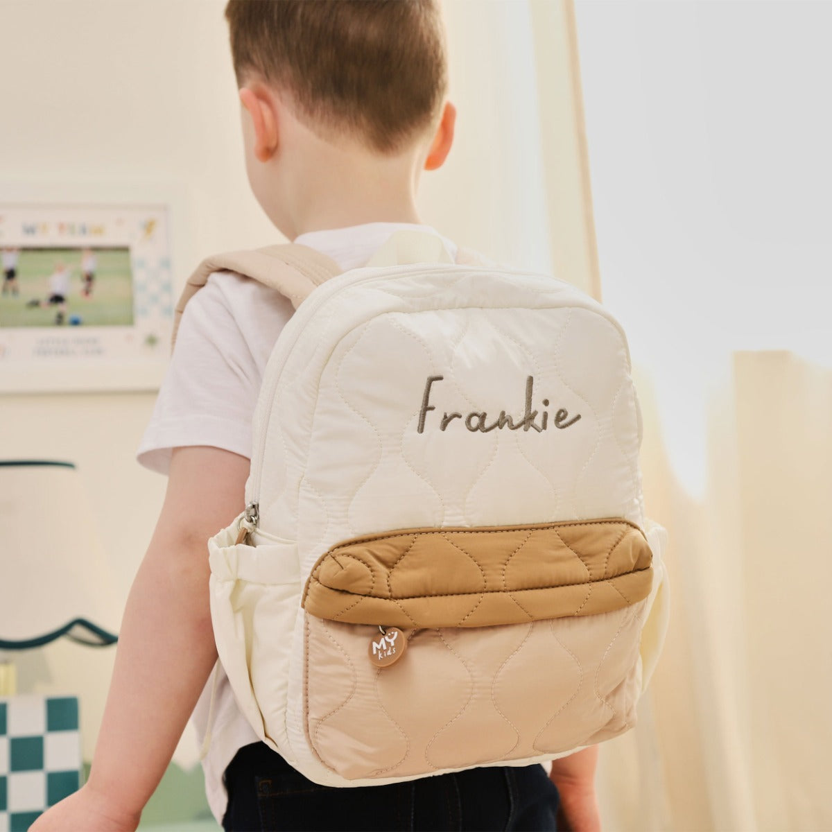 Personalised Colour Block Quilted Medium Backpack in Ecru 