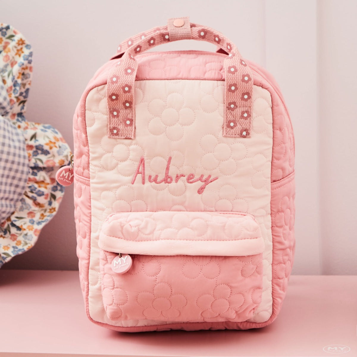 Personalised Pink Flower Quilted Medium Backpack