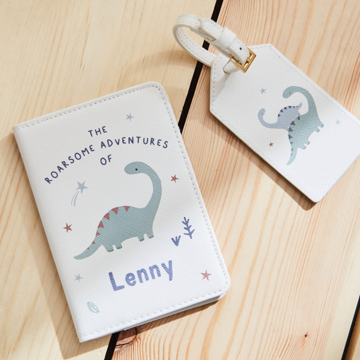 Personalised Dinosaur Baby Passport Holder & Luggage Tag Set