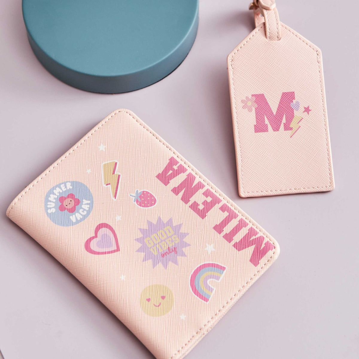 My Kids Personalised Pink Cartoon Passport Holder & Luggage Tag Set