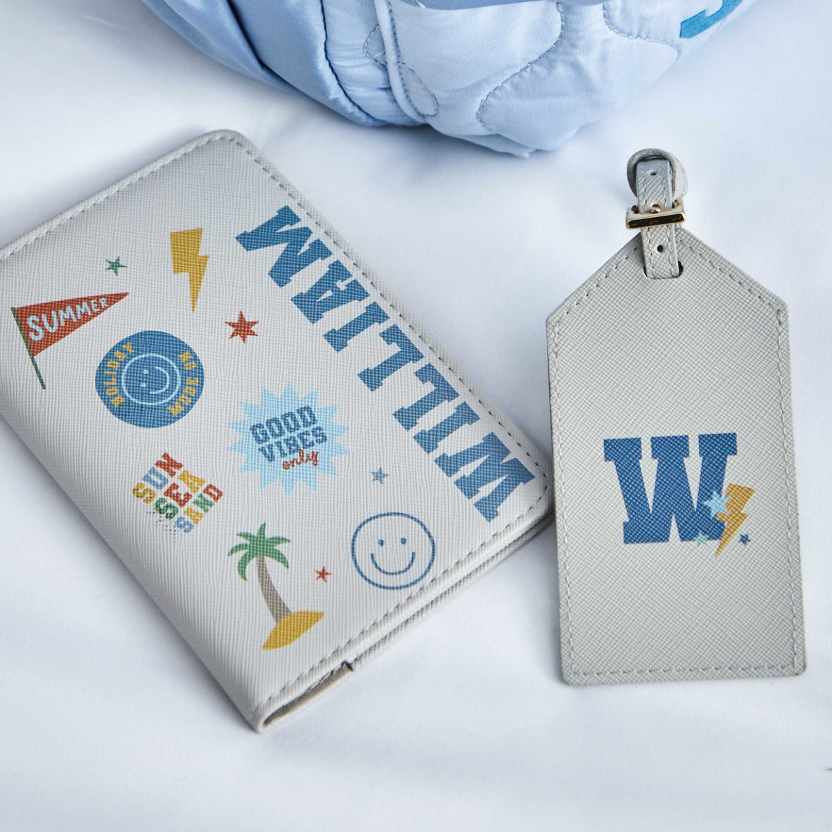 My Kids Personalised Grey Cartoon Passport Holder & Luggage Tag Set