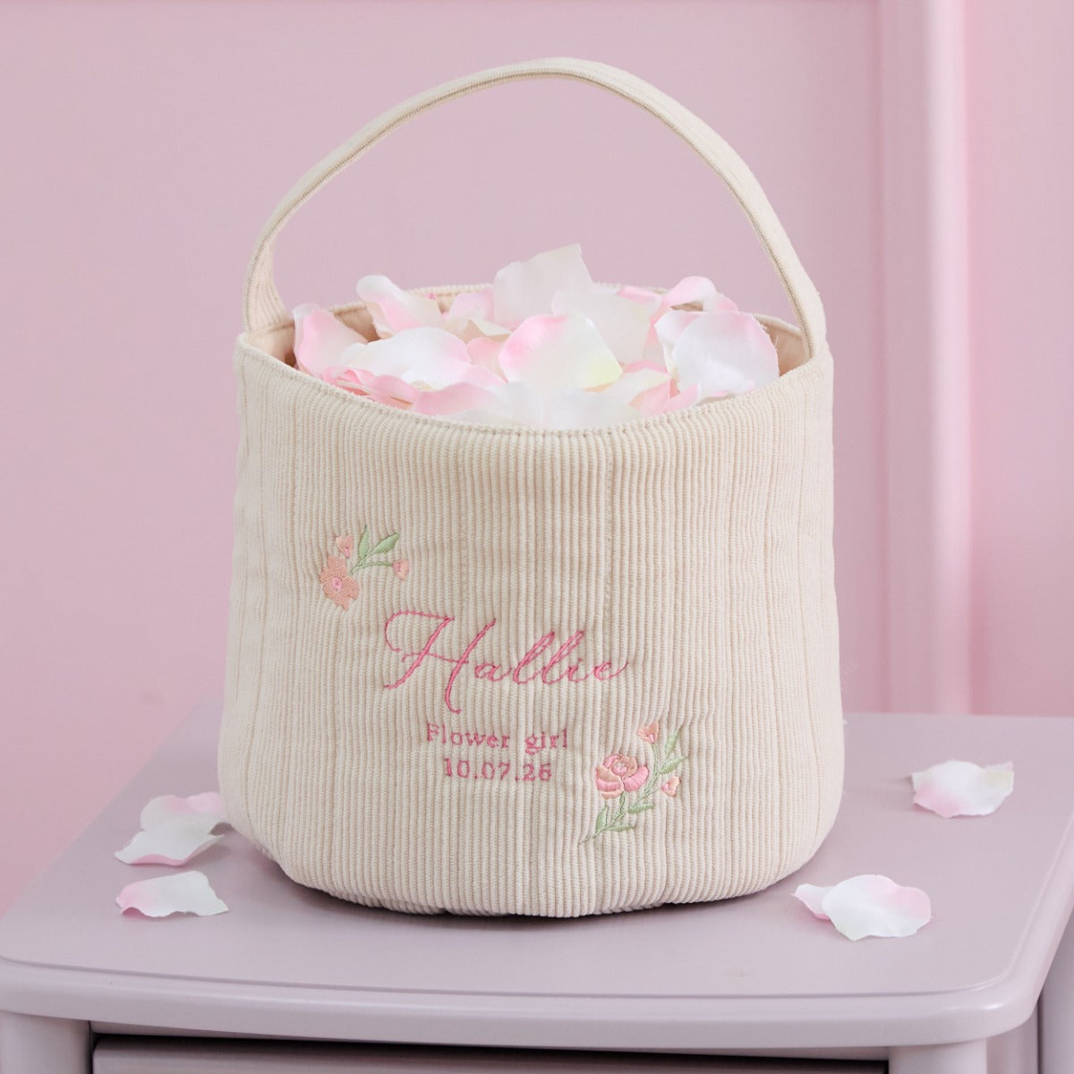 Personalised Floral Flower Girl Cord Bucket Bag