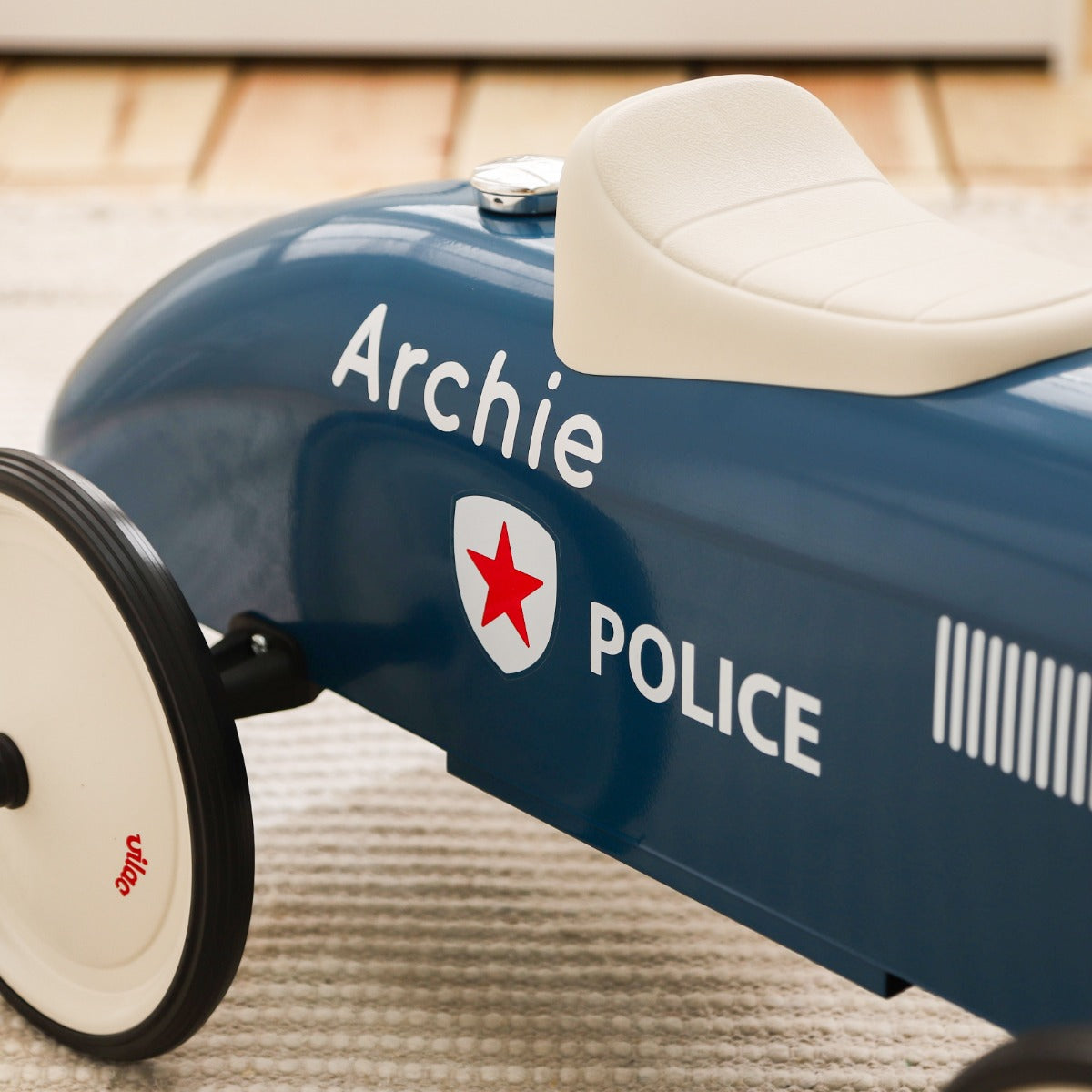 Personalised Vilac Teal Blue Police Car Ride On