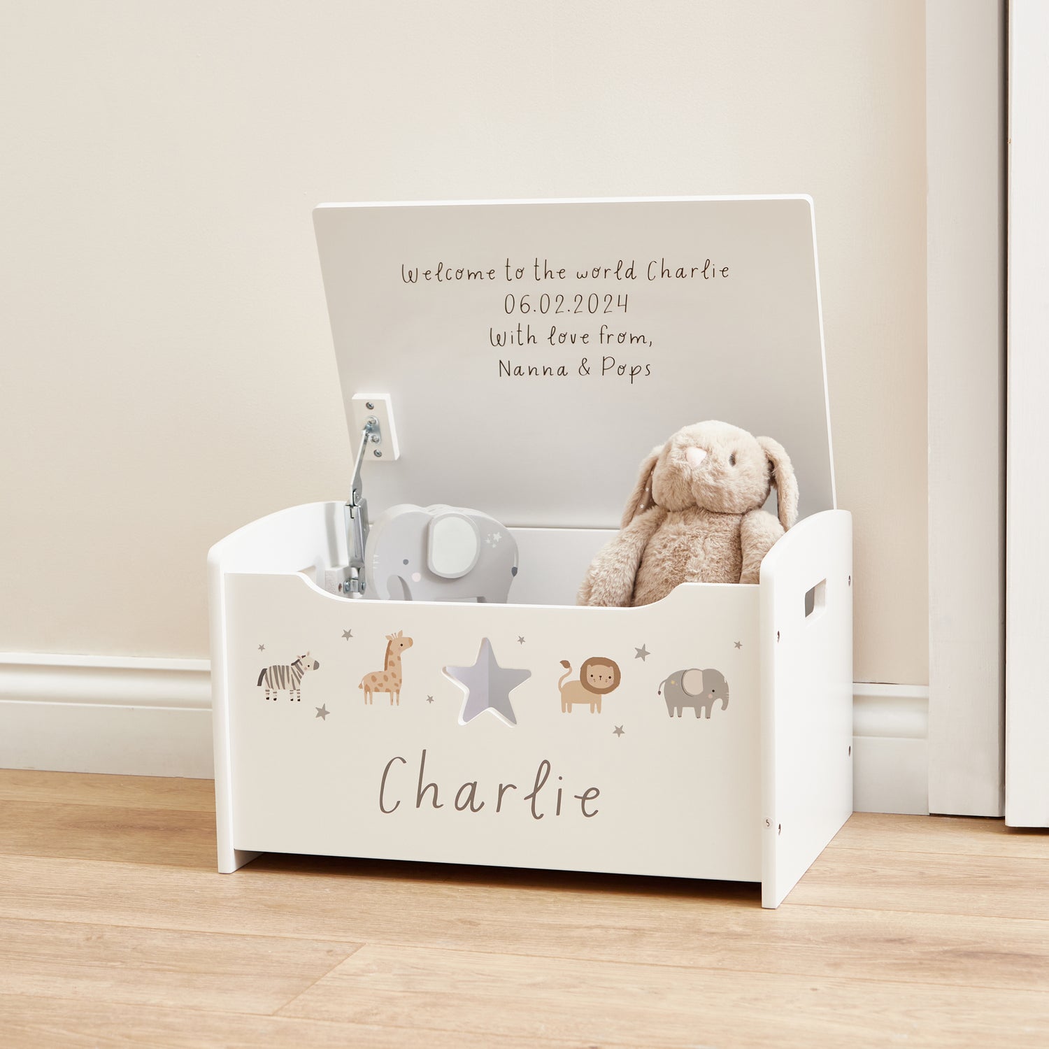 Personalised Small White Safari Animal Toy Box FSC®