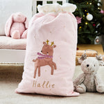 Personalised Christmas Reindeer Pink Gift Sack
