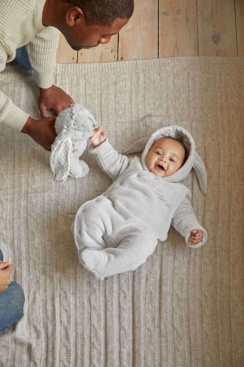Personalised Grey Bunny Faux Fur Lined Knitted Pramsuit