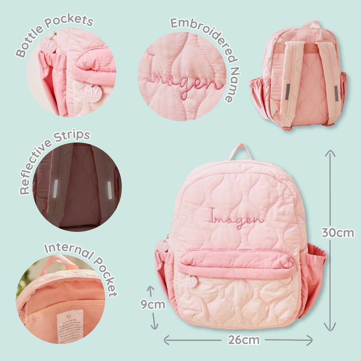 Personalised Pink Quilted Medium Backpack