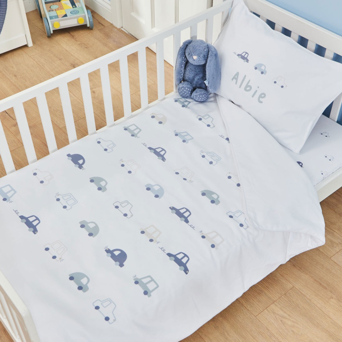 Personalised Blue Car Print Bedding Set