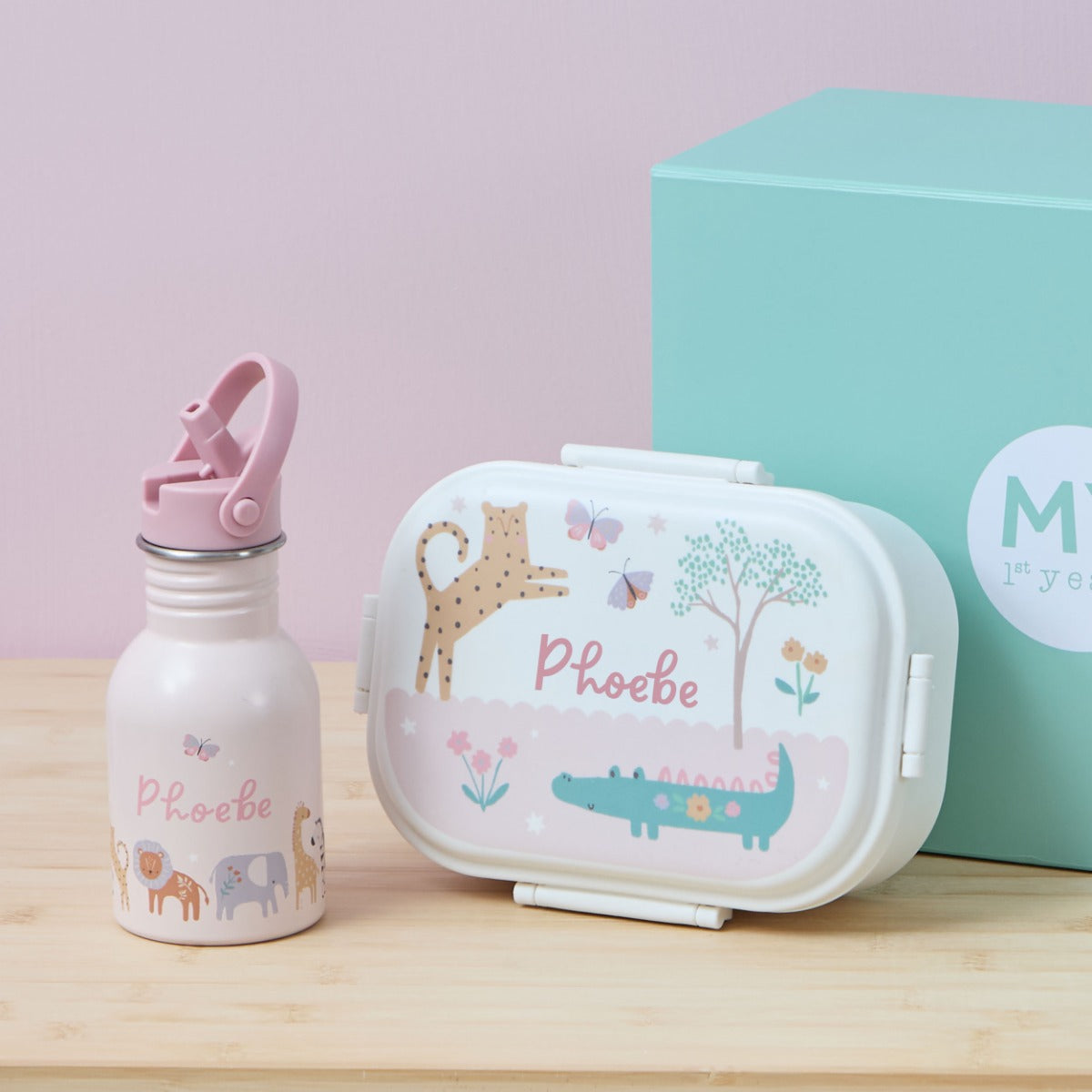  Personalised Pink Floral Safari Bottle & Lunchbox Set
