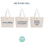 Personalised Cotton Canvas Slogan Tote Bag in Navy Blue Font