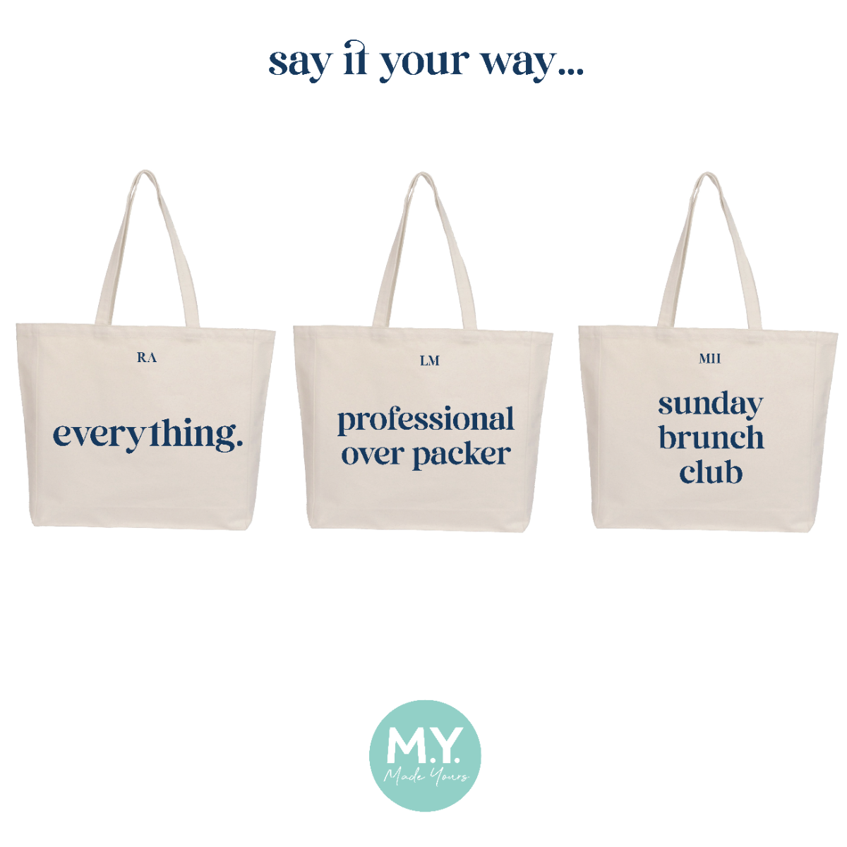 Personalised Cotton Canvas Slogan Tote Bag in Navy Blue Font