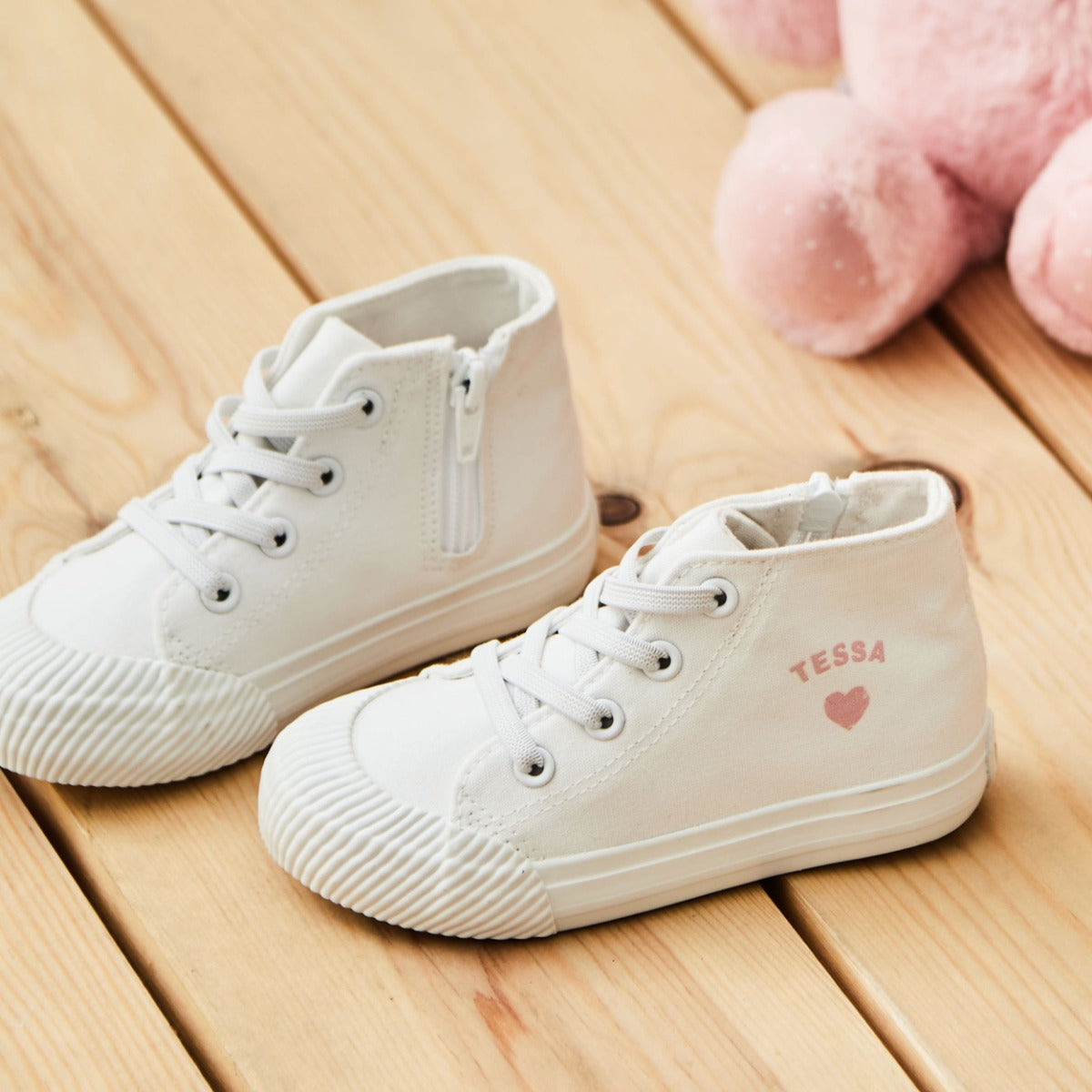 Personalised Pink Heart Ivory Toddler High Top Trainers 