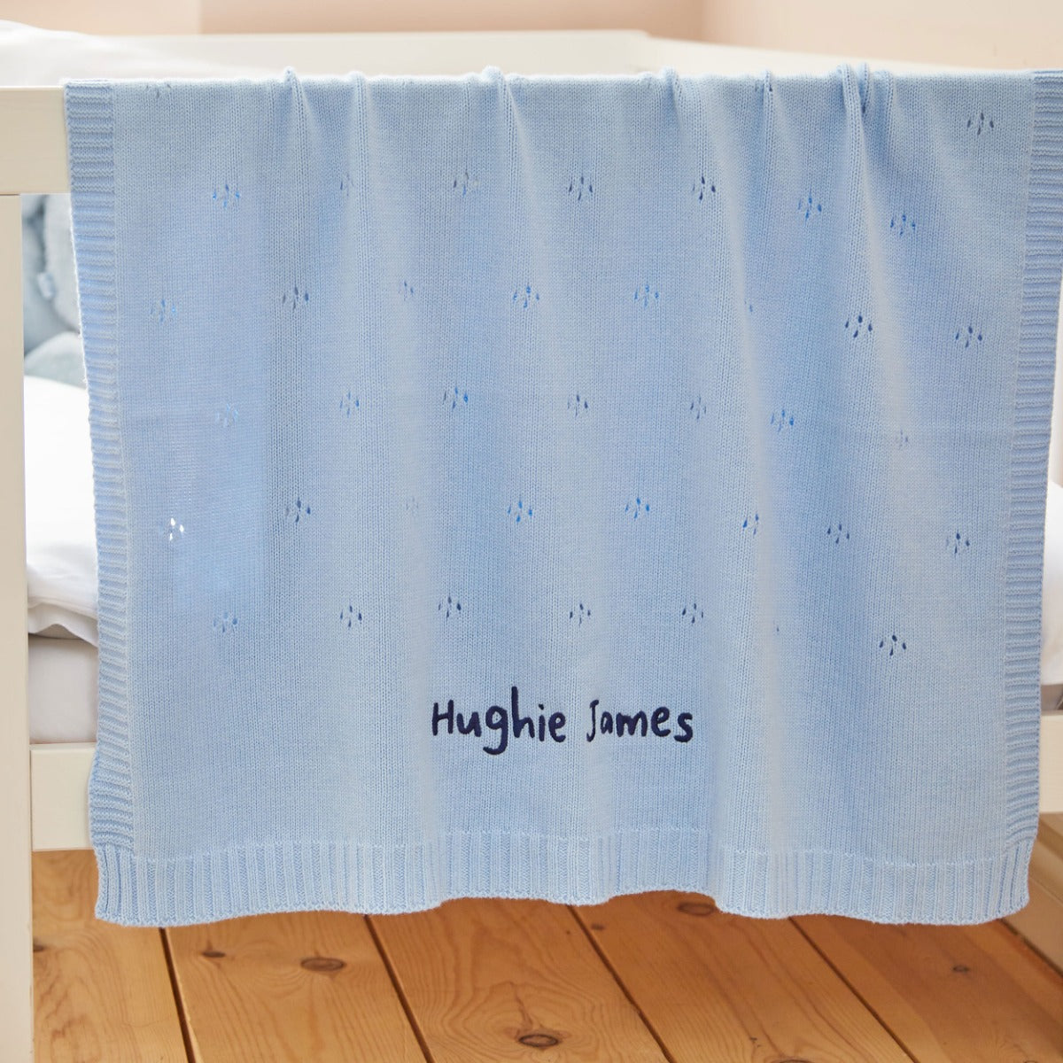 Personalised Cashmere Blend Pointelle Baby Blanket in Blue