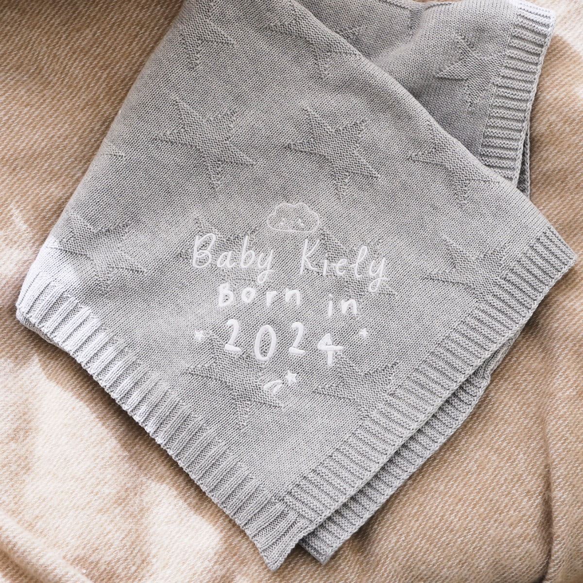Personalised Born in 2024 Grey Marl Star Jacquard Blanket