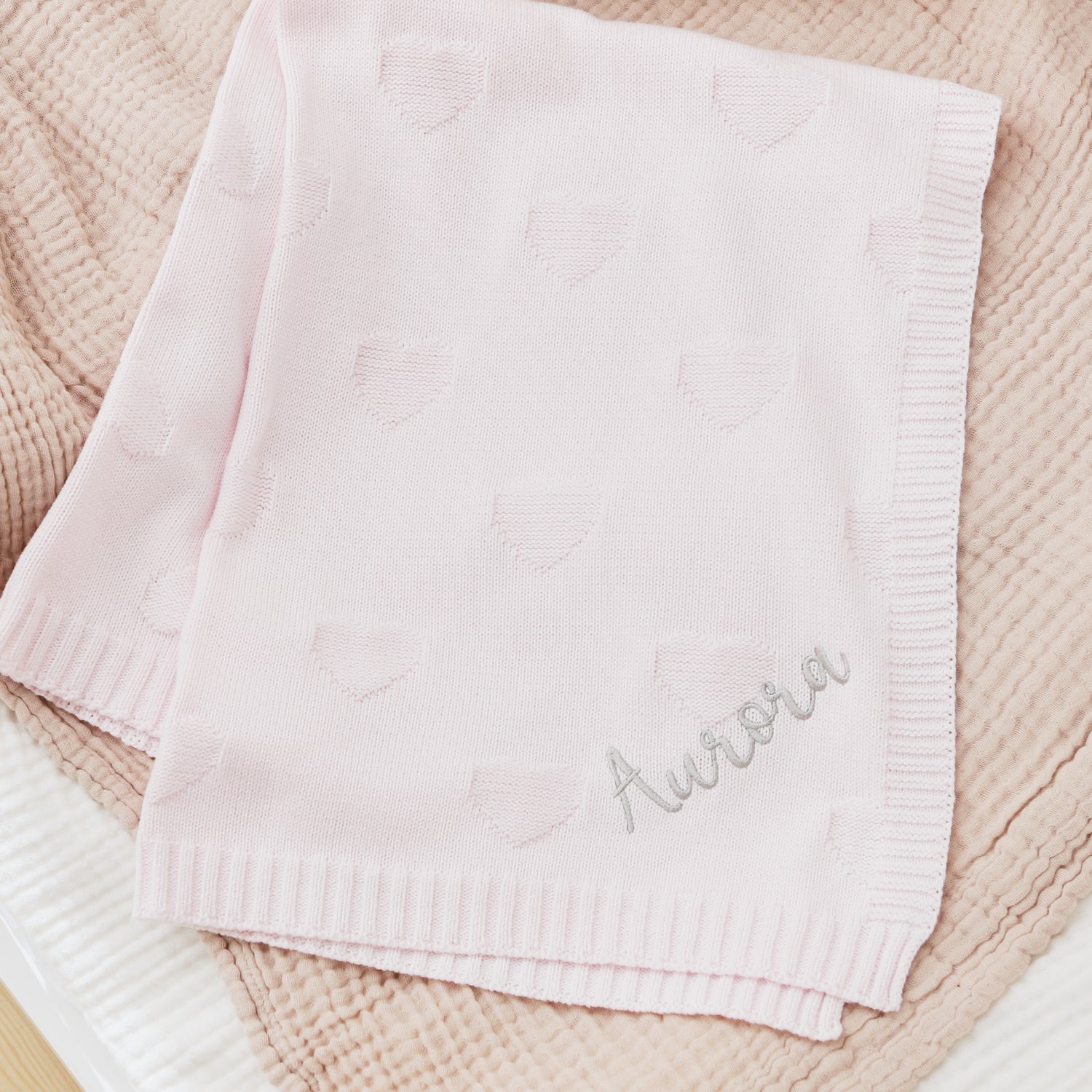 Personalised Pale Pink Heart Jacquard Baby Blanket
