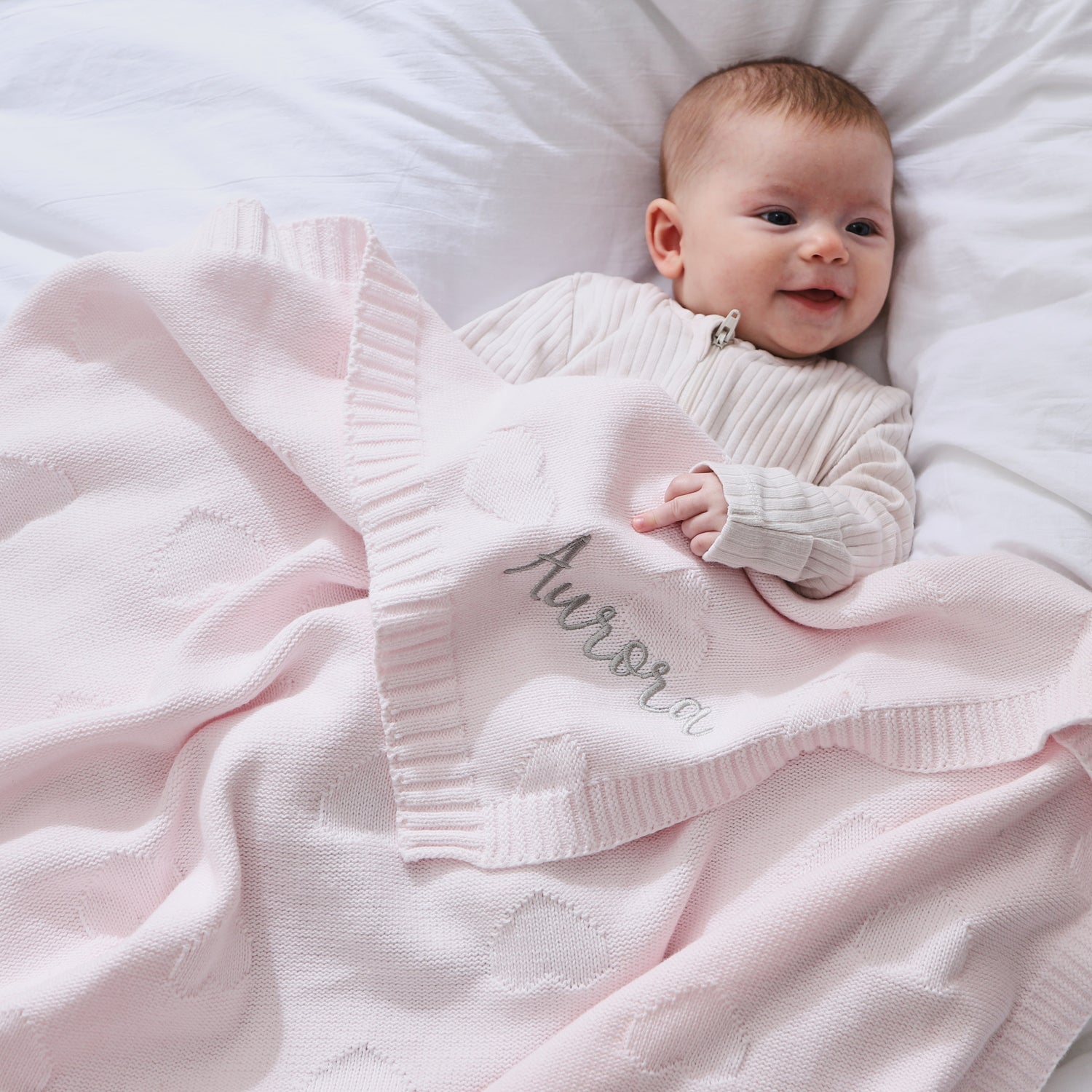 Personalised Pale Pink Heart Jacquard Baby Blanket