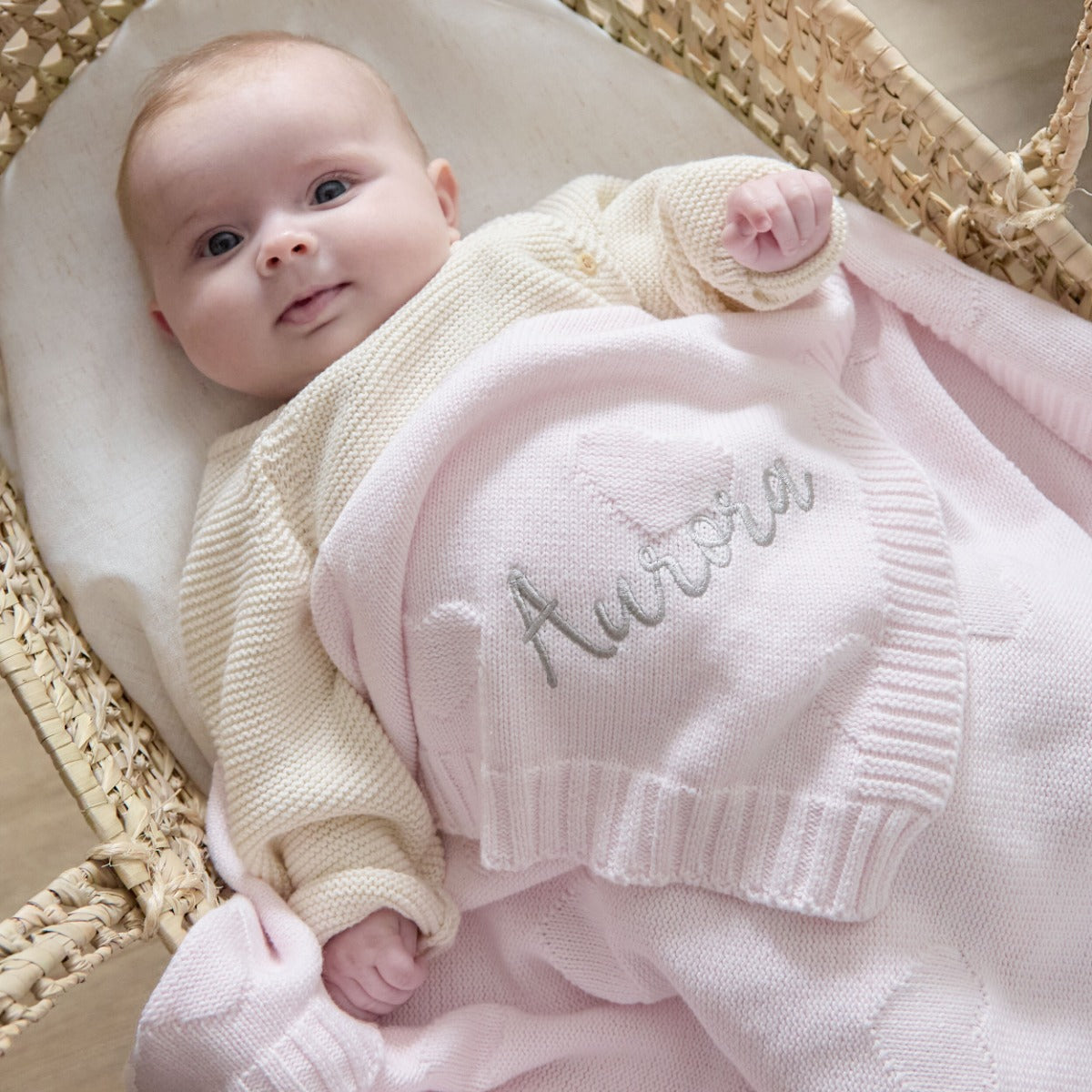 Personalised Pale Pink Heart Jacquard Baby Blanket