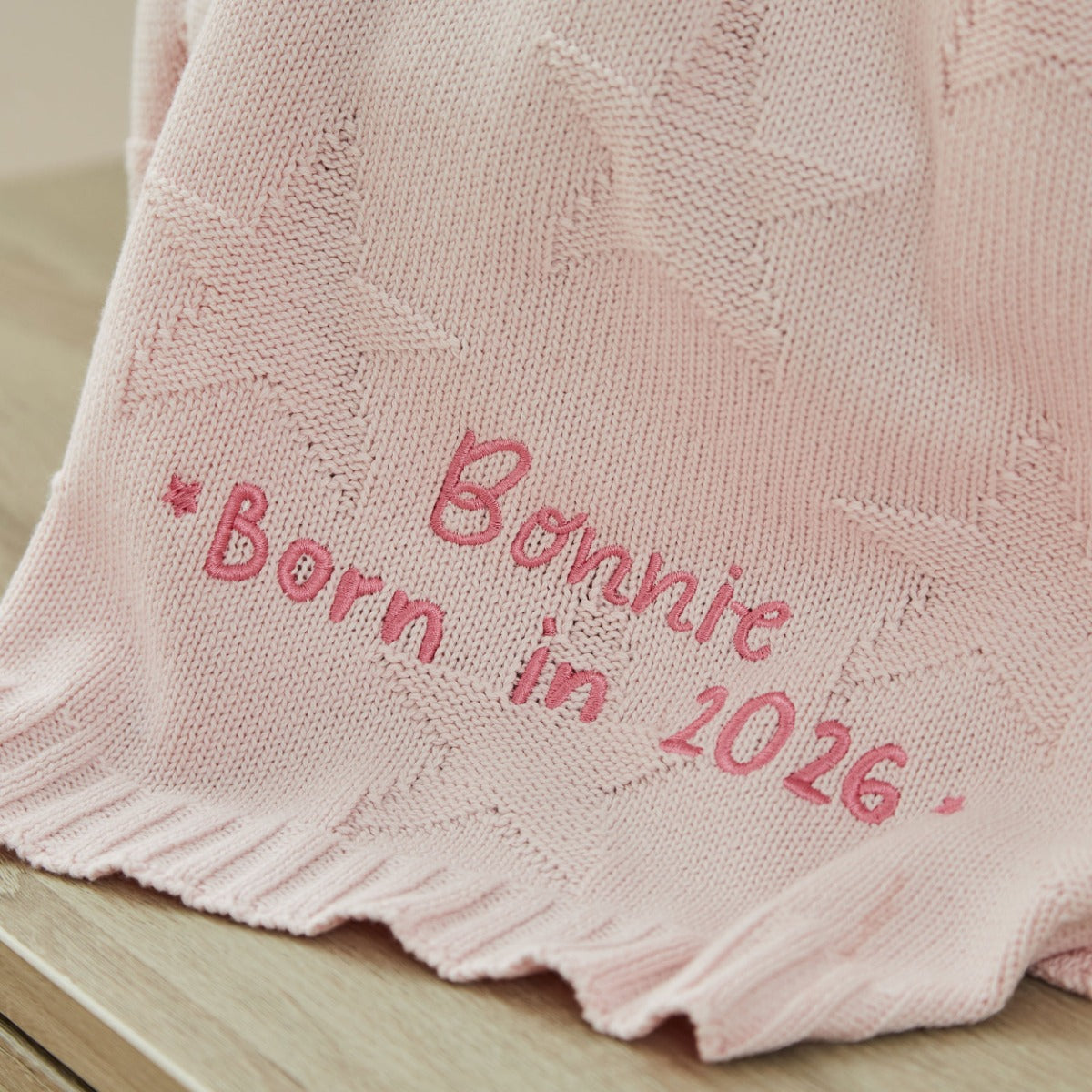 Personalised Born In 2026 Pink Star Jacquard Baby Blanket
