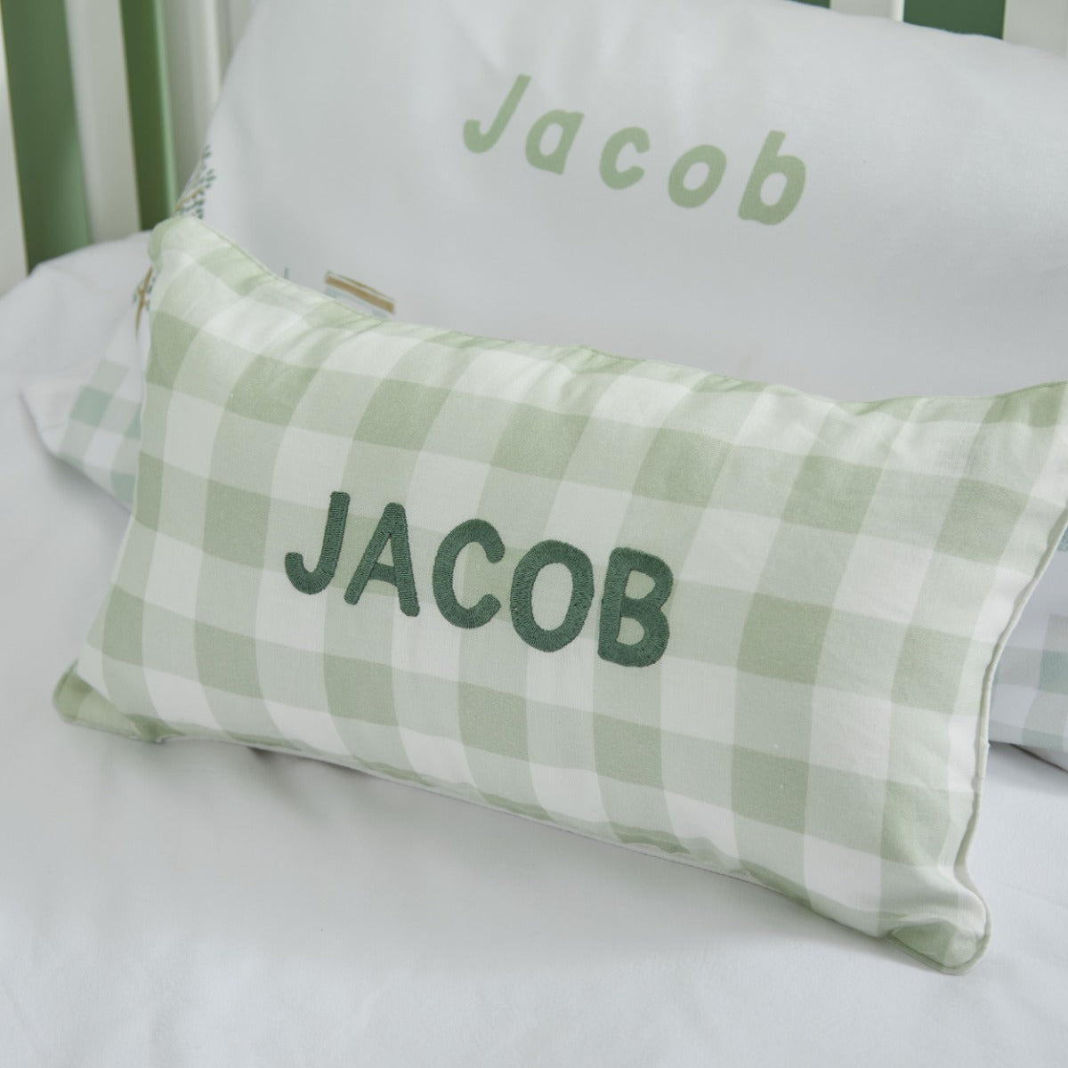 Personalised Sage Checkered Linen Cushion