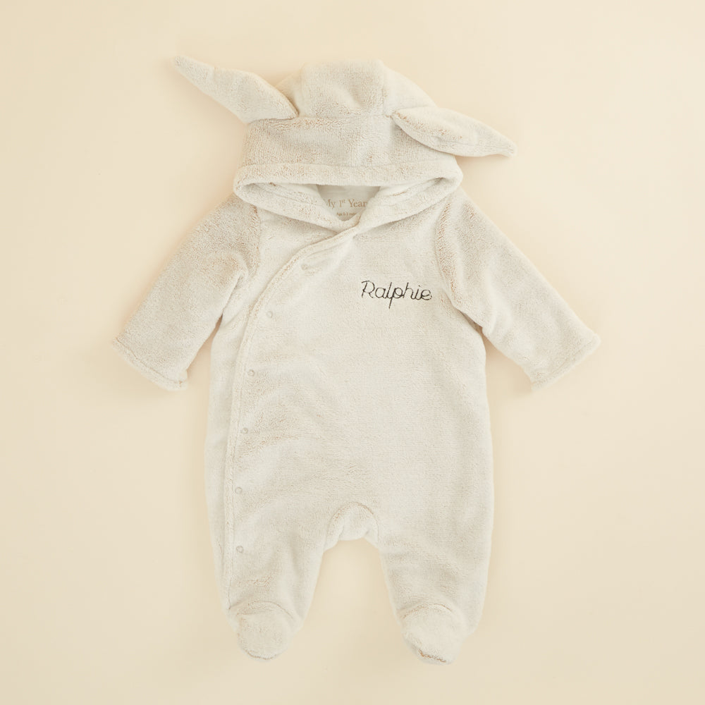 Personalised Grey Bunny Faux Fur Lined Knitted Pramsuit