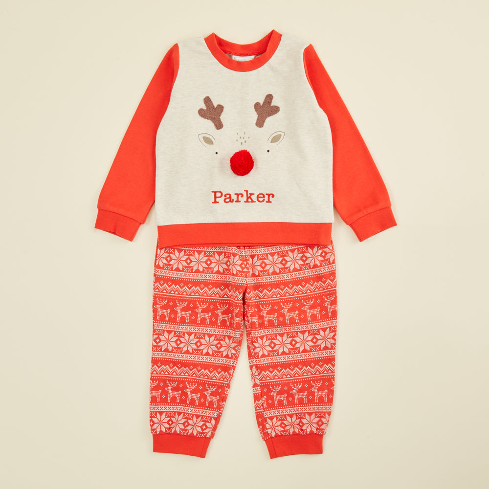 Personalised Red Reindeer Christmas Pyjama Set