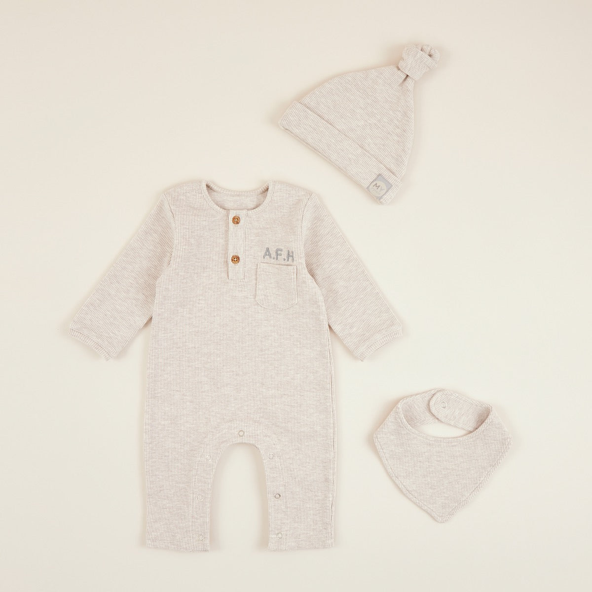 Personalised Oatmeal Ribbed Jersey Outfit Set (3 piece)