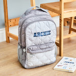 Personalised Large Grey Quilted Blue Name Varsity Backpack 
