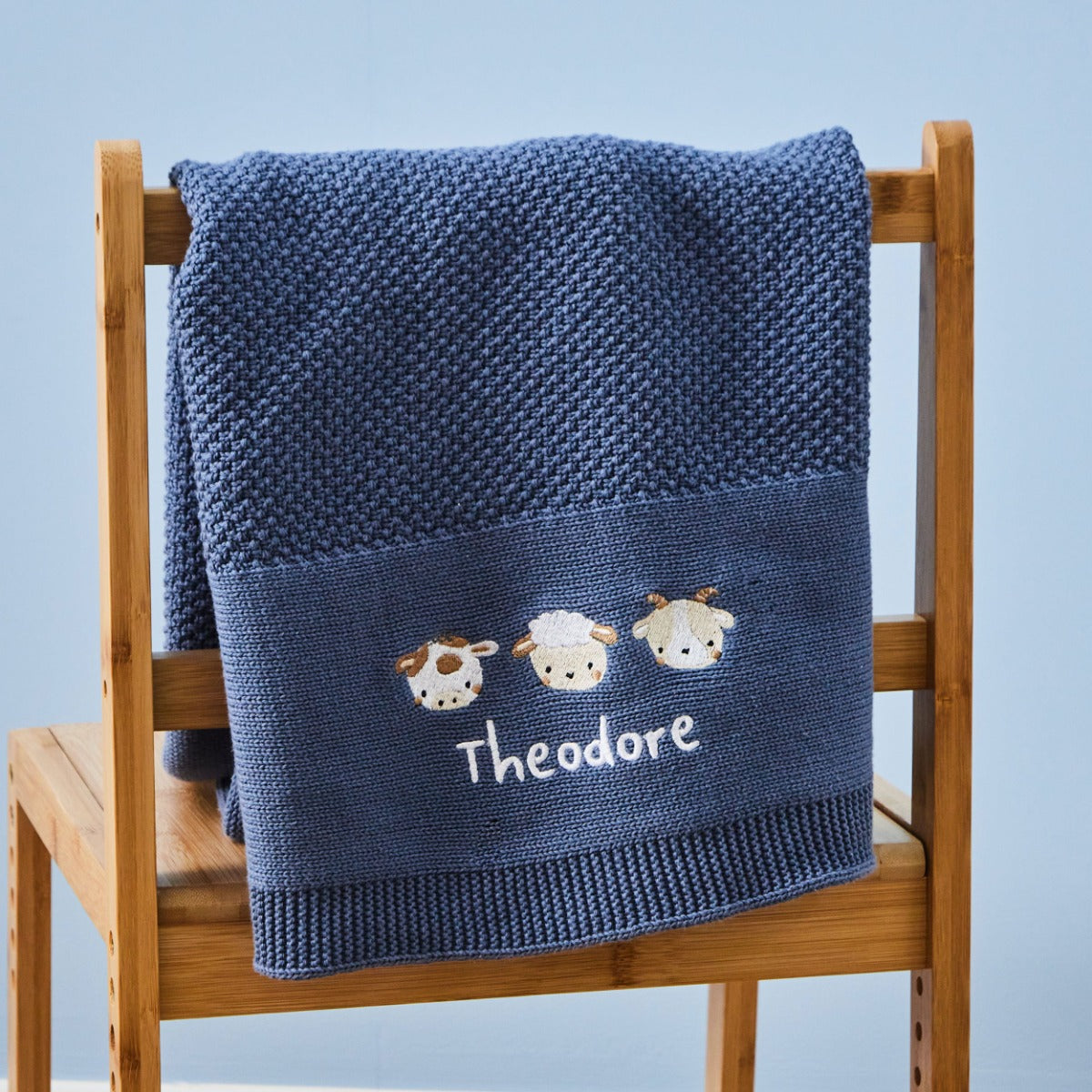 Personalised Fun On The Farm Mid Blue Knitted Shawl 