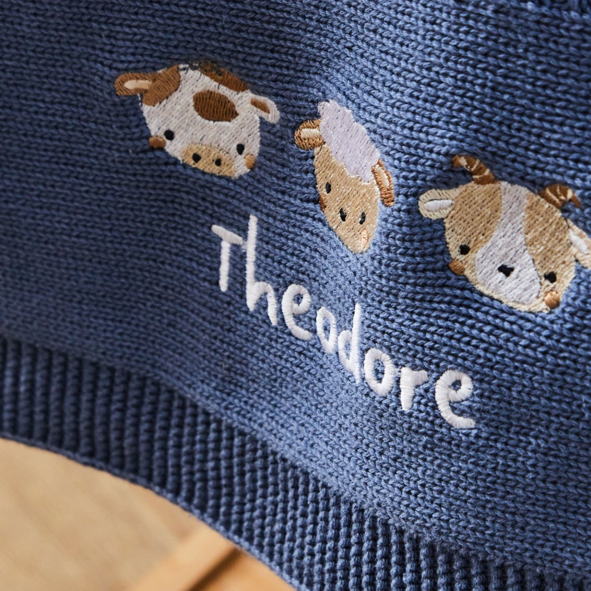 Personalised Fun On The Farm Mid Blue Knitted Shawl 