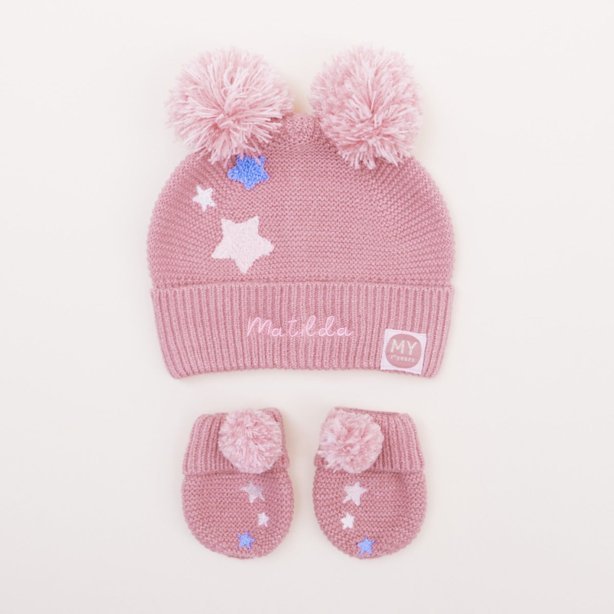 Personalised Pink Knitted Hat and Mittens Set