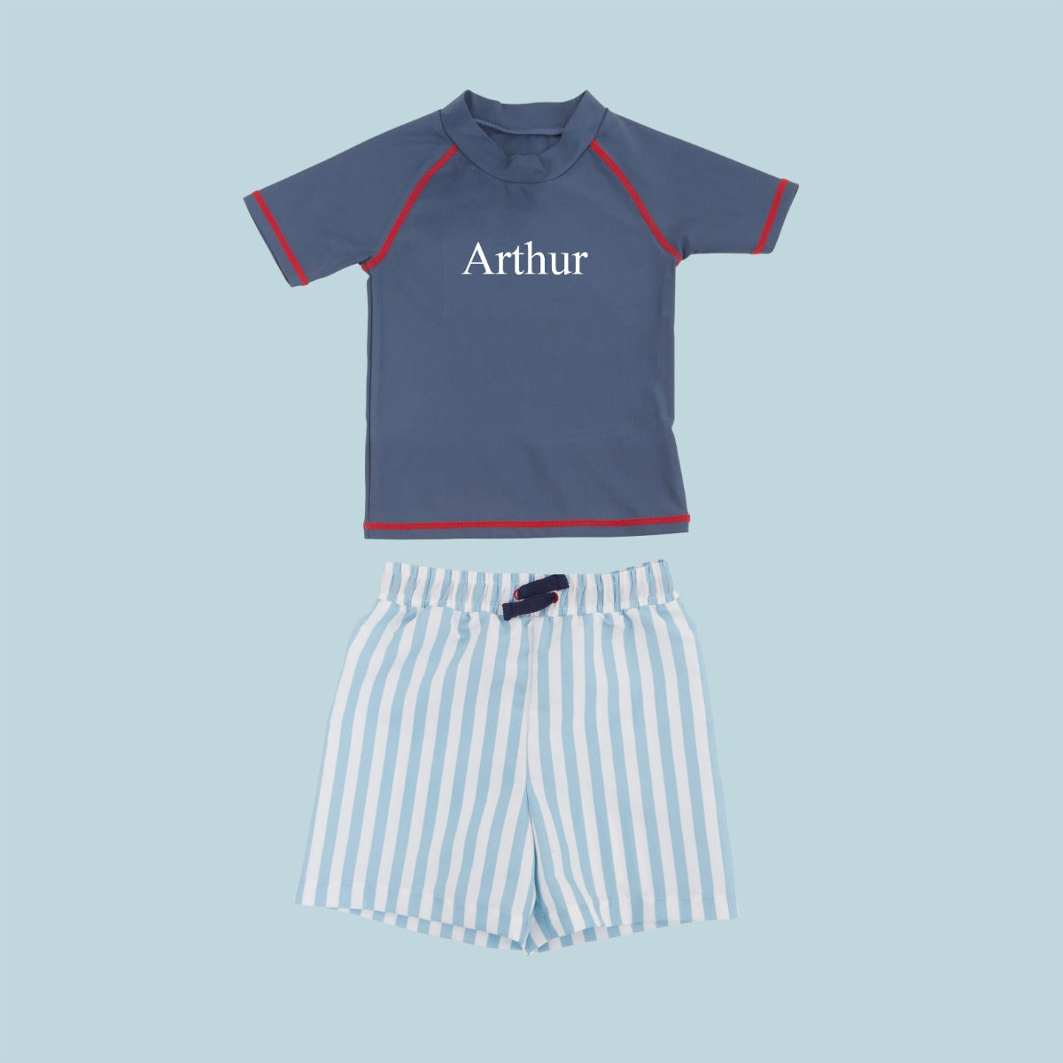 Personalised Blue Rash Vest and Swim Shorts Set