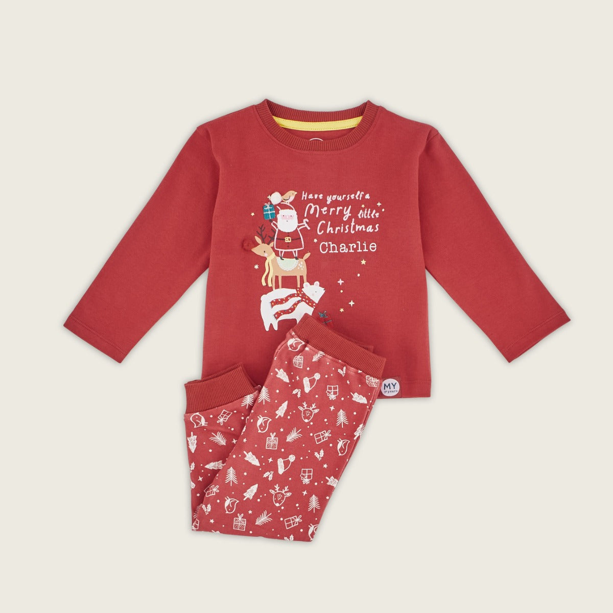 Personalised Merry Little Christmas Jersey Pyjama Set