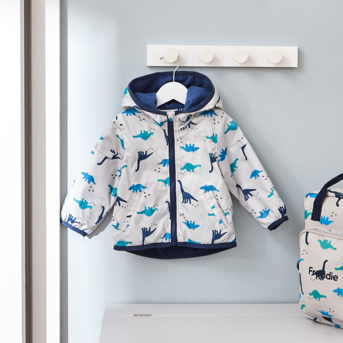 Personalised Grey Dinosaur Print Raincoat