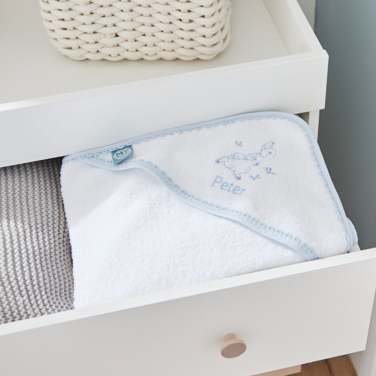 Personalised Blue Picot Trim Peter Rabbit Hooded Towel