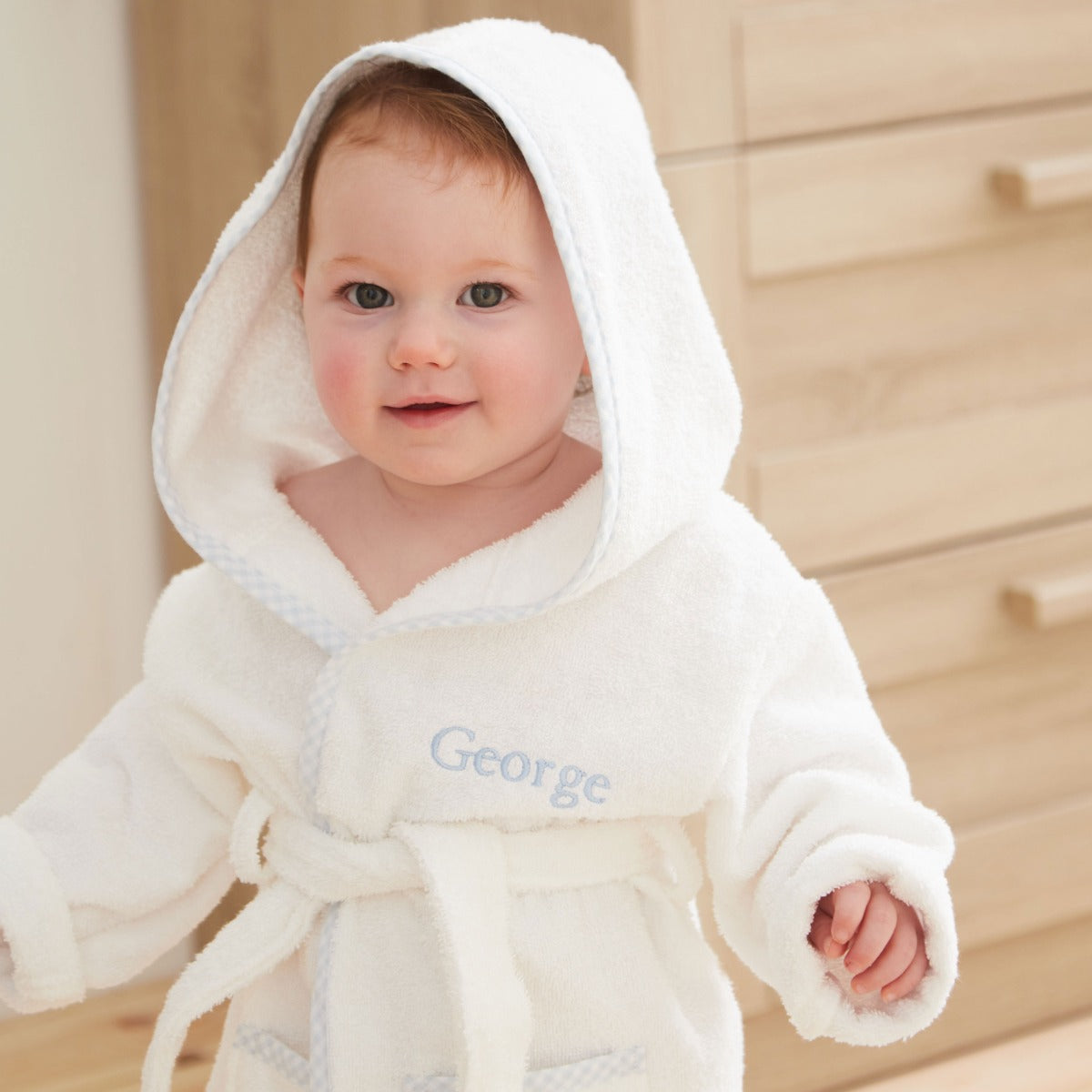 Personalised Blue Gingham Trim Towelling Robe