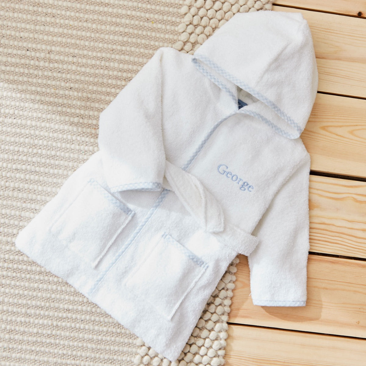 Personalised Blue Gingham Trim Towelling Robe