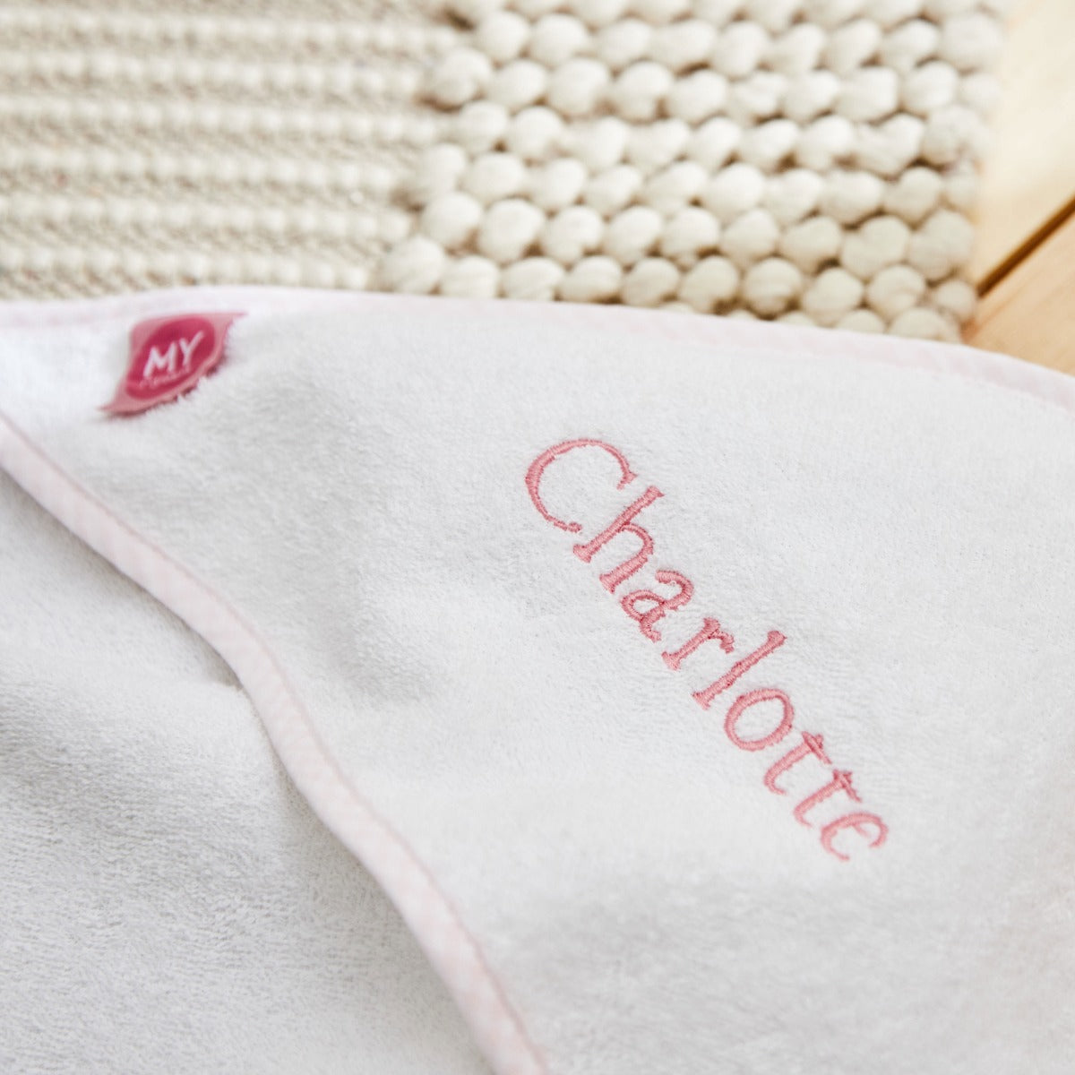 Personalised Pink Gingham Trim Small Hooded Towel