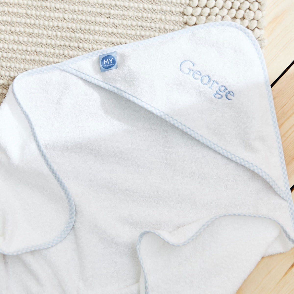 Personalised Blue Gingham Trim Small Hooded Towel